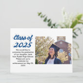 Klasse van 2025 blauw script afstuderen foto kaart (Staand voorkant)