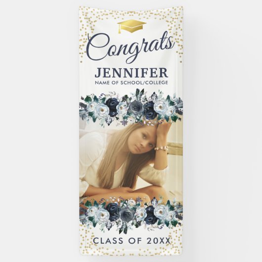 Klasse van 2025 Blue Floral Afstuderen Door Spandoek (Verticaal)