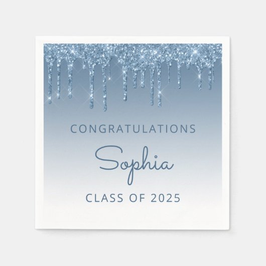 Klasse van 2025 Blue Glitter Drip Afstuderen Servet (Voorkant)