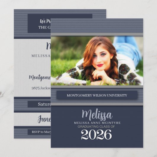 Klasse van 2025 Blue Pinstripe Photo Afstuderen Kaart (Voorkant / Achterkant)