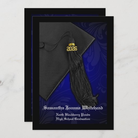 Klasse van 2025 Blue Tassel Charm Zwart Afstuderen Kaart (Voorkant / Achterkant)