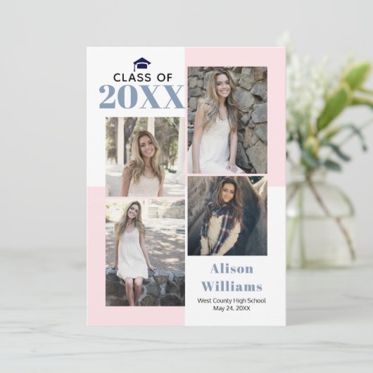 Klasse van 2025 blush, stoffig blauw foto afstuder aankondiging (Staand voorkant)