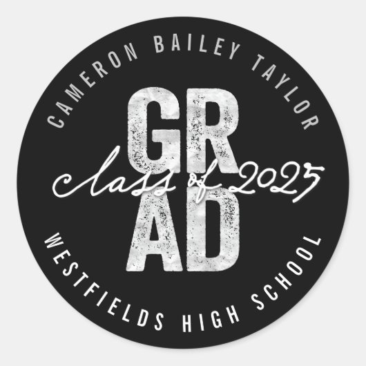 Klasse van 2025 Bold AFSTUDEERDER Silver Foil Mod  Ronde Sticker (Voorkant)