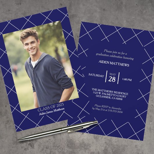 Klasse van 2025 Classic Navy Blue Photo Afstuderen Kaart