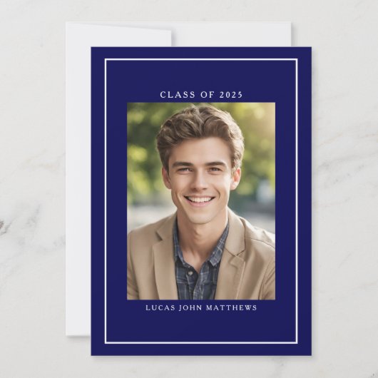 Klasse van 2025 Classic Navy Custom Photo Afstuder Kaart (Voorkant)