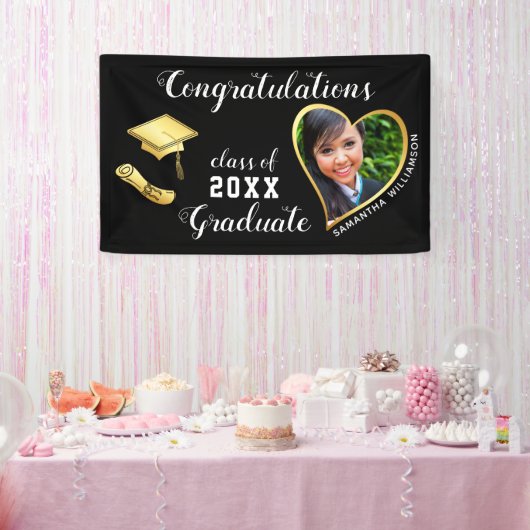Klasse van 2025 Custom Photo Black Gold Afstuderen Spandoek (Feest)