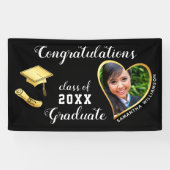 Klasse van 2025 Custom Photo Black Gold Afstuderen Spandoek (Horizontaal)