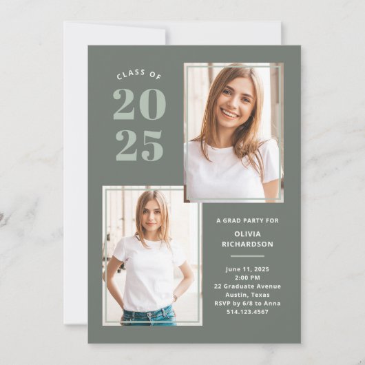 Klasse van 2025 | Drie foto Sage Green Afstudeerde Kaart (Voorkant)