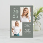 Klasse van 2025 | Drie foto Sage Green Afstudeerde Kaart (Staand voorkant)