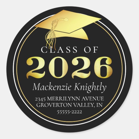 Klasse van 2025 Elegant Black Gold Retouradres Ronde Sticker (Voorkant)