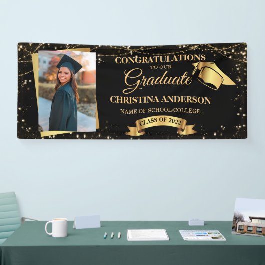 Klasse van 2025 Elegant Zwart Goud Afstuderen Foto Spandoek (Beurs)