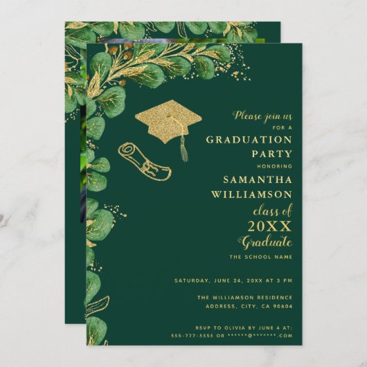 Klasse van 2025 Emerald Green en Gold Afstuderen Kaart (Voorkant / Achterkant)