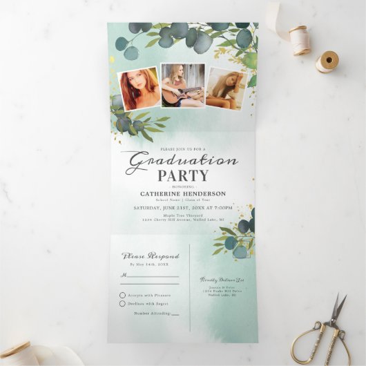 Klasse van 2025 Eucalyptus Graduation Party Drieluik Uitnodiging (Binnen)