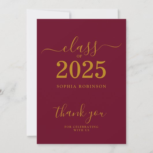Klasse van 2025 Gold Maroon Afstuderen Bedankkaart (Voorkant)