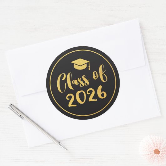 Klasse van 2025 Gold Script Circle Afstuderen Favo Ronde Sticker (Envelop)