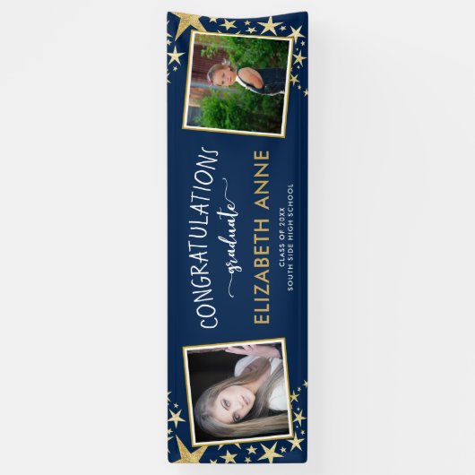 Klasse van 2025 Goud en Blauw 2 Foto's Afstuderen Spandoek (Verticaal)