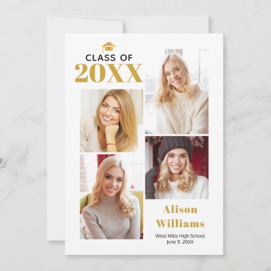 Klasse van 2025 gouden en witte afstudeercap party kaart (Voorkant)