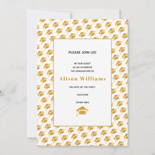 Klasse van 2025 gouden en witte afstudeercap party kaart (Achterkant)