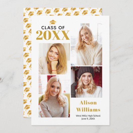 Klasse van 2025 gouden en witte afstudeercap party kaart (Voorkant / Achterkant)
