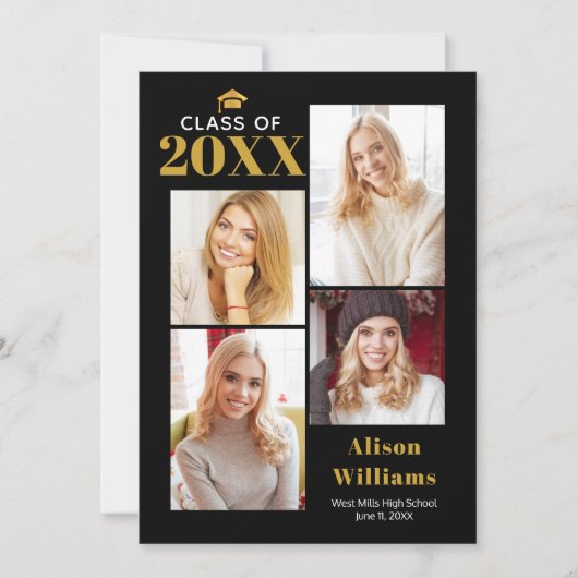 Klasse van 2025 gouden en zwarte afstudeercap part kaart (Voorkant)