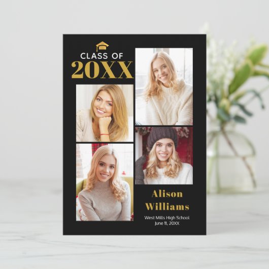 Klasse van 2025 gouden en zwarte afstudeercap part kaart (Staand voorkant)