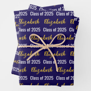 Klasse van 2025 Graduate's Name Blue White Gold Inpakpapier Vel