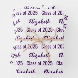 Klasse van 2025 Graduate's Name White & Dark Paars Inpakpapier Vel