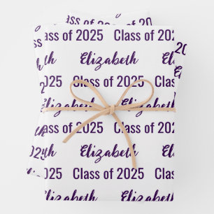 Klasse van 2025 Graduate's Name White & Dark Paars Inpakpapier Vel