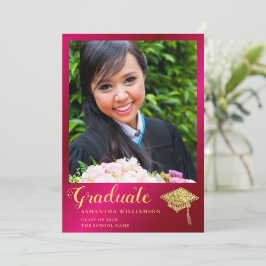 Klasse van 2025 Hot Pink en Gold Photo Afstuderen Aankondiging (Staand voorkant)