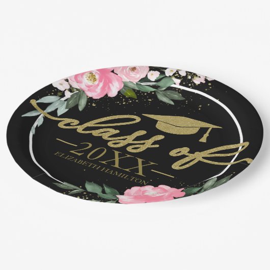 Klasse van 2025 Hot Pink Floral Afstudeerder Party Papieren Bordje (Gekanteld)