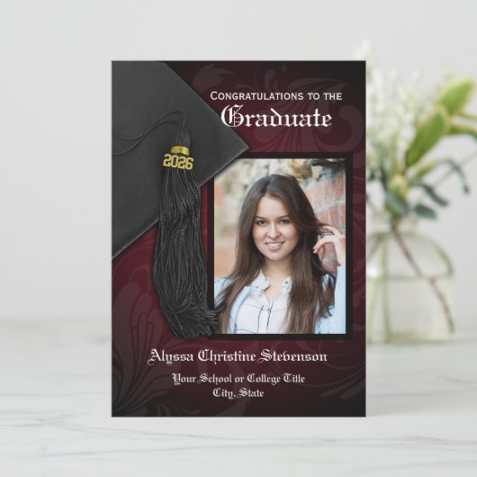 Klasse van 2025 Maroon Tassel Foto Afstuderen Kaart (Staand voorkant)