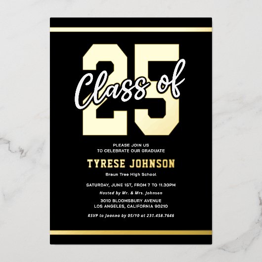 Klasse van 2025 Masculine Graduation Party Folie Uitnodiging (Voorkant)