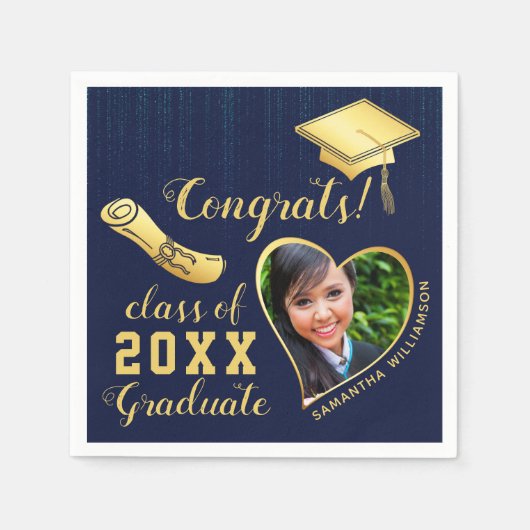 Klasse van 2025 Navy Blauw en Goud Afstuderen Foto Servet (Voorkant)