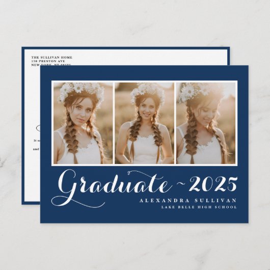 Klasse van 2025 Navy Blue Photo Collage Afstuderen Aankondigingskaart (Voorkant / Achterkant)