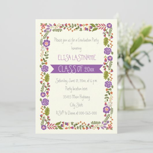 Klasse van 2025 paarse bloemengrens afstuderen kaart (Staand voorkant)