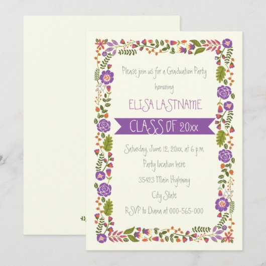 Klasse van 2025 paarse bloemengrens afstuderen kaart (Voorkant / Achterkant)