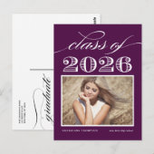  Klasse van 2025 Paarse Foto Afstuderen Briefkaart (Voorkant / Achterkant)
