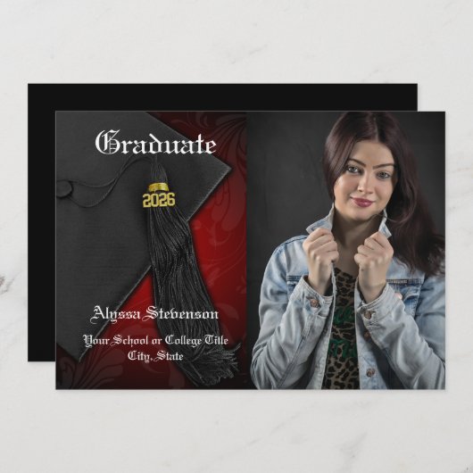 Klasse van 2025 Red Tassel Photo Afstuderen Kaart (Voorkant / Achterkant)