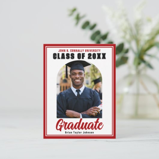 Klasse van 2025 Rode Afstuderen Foto Modern Afstud Briefkaart (Staand voorkant)