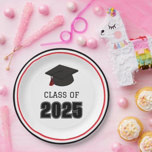 Klasse van 2025 rood en zwart papieren bordje (Feest)