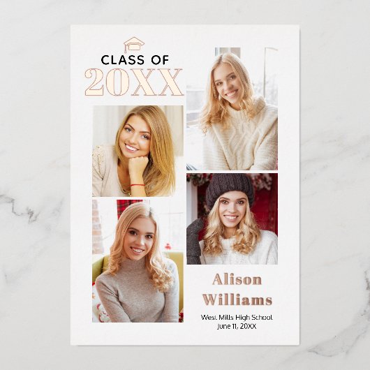 Klasse van 2025 roos gouden folie afstuderen 4 fot folie uitnodiging (Voorkant)