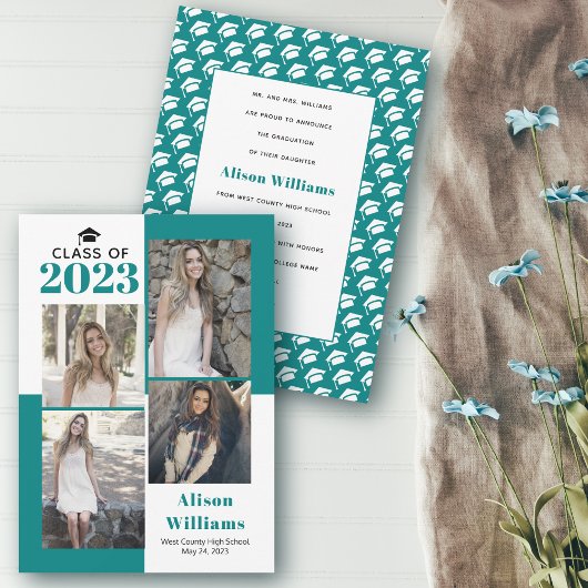 Klasse van 2025 vier foto's blauwgroen blauw afstu aankondiging