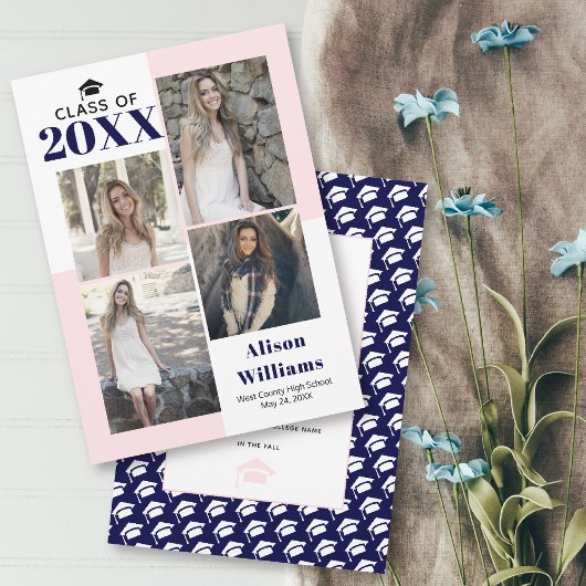 Klasse van 2025 vier foto's blush, marine afstuder aankondiging