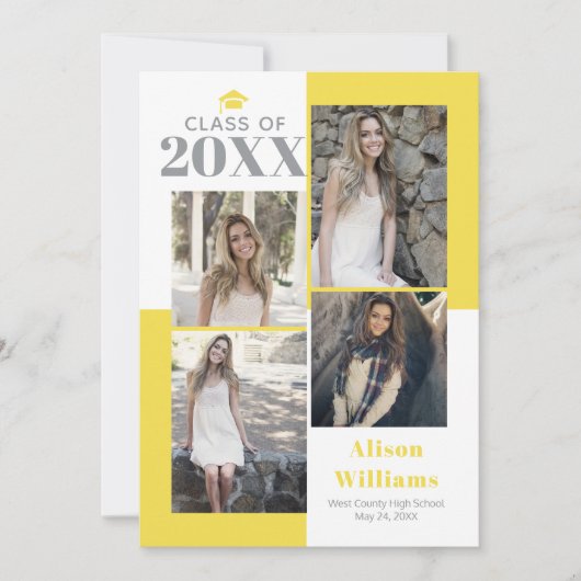 Klasse van 2025 vier foto's grijs geel afstuderen aankondiging (Voorkant)