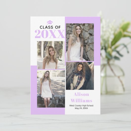 Klasse van 2025 vier foto's lavendel afstuderen aankondiging (Staand voorkant)