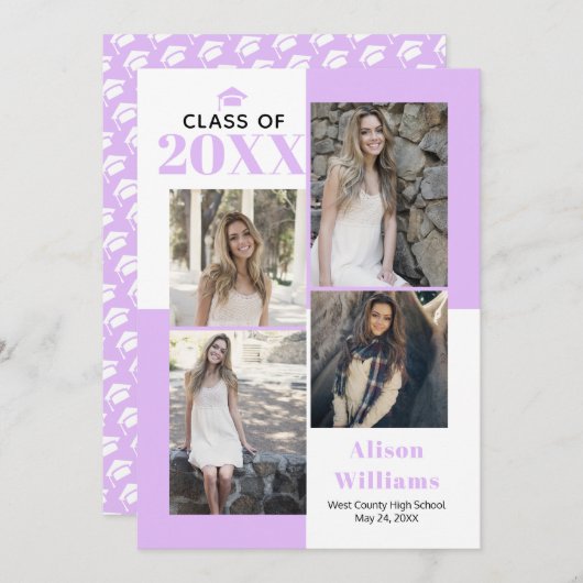 Klasse van 2025 vier foto's lavendel afstuderen aankondiging (Voorkant / Achterkant)