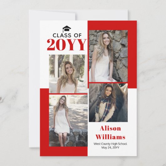 Klasse van 2025 vier foto's rood afstuderen aankondiging (Voorkant)