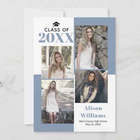 Klasse van 2025 vier foto's stoffig blauw afstuder aankondiging (Voorkant)