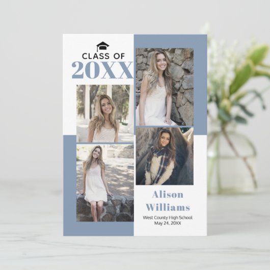 Klasse van 2025 vier foto's stoffig blauw afstuder aankondiging (Staand voorkant)