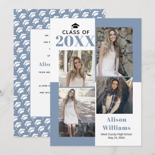 Klasse van 2025 vier foto's stoffig blauw afstuder aankondiging (Voorkant / Achterkant)